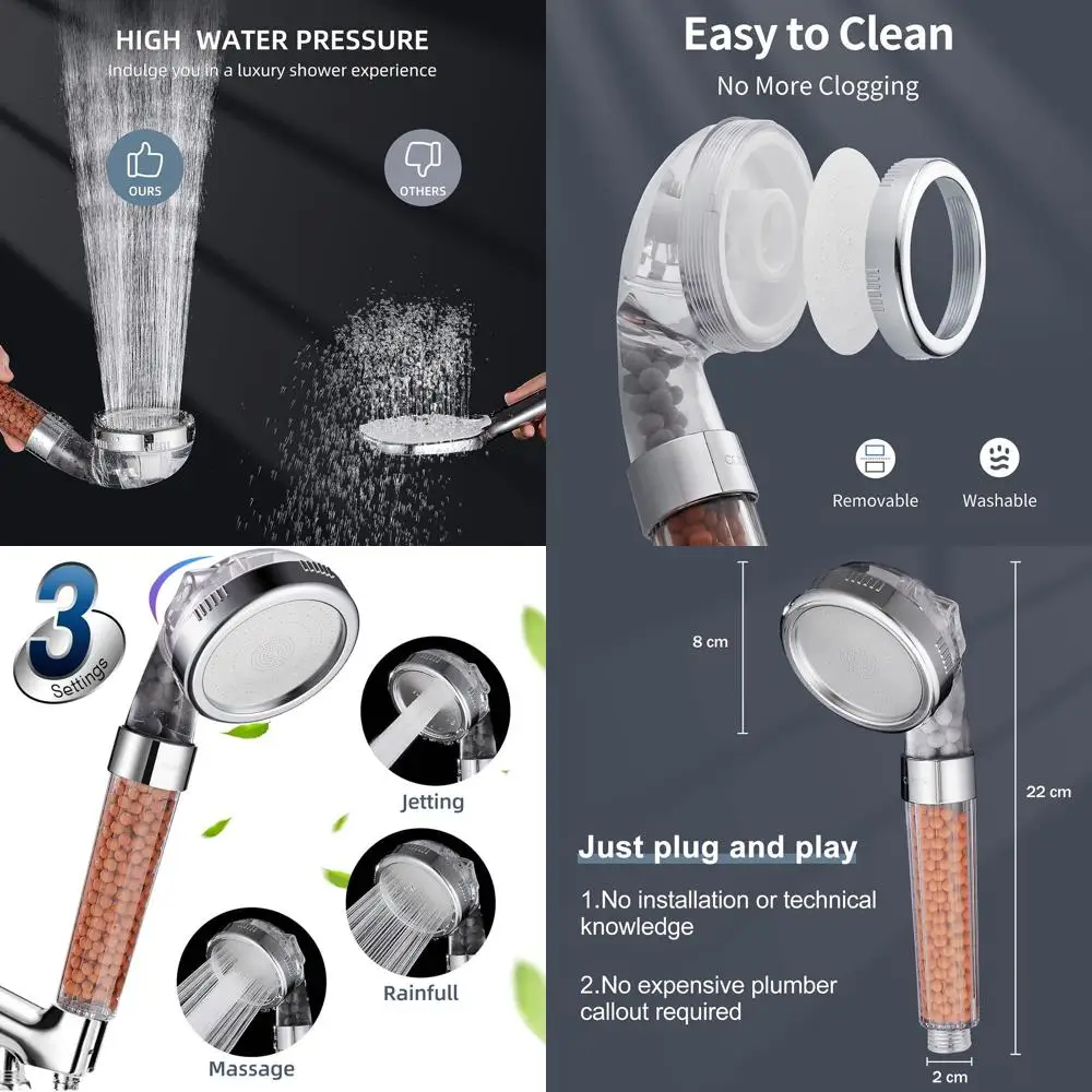 

Adjustable 3-Setting Showerhead with Hose and Bracket for High-Pressure, Water-Saving Sprays