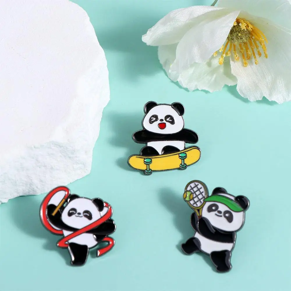 Cute Cartoon Panda Athlete Badge Pins Creative Basketball Baseball Swimming Skateboard Enamel Brooch for Women Men Jewelry Gift