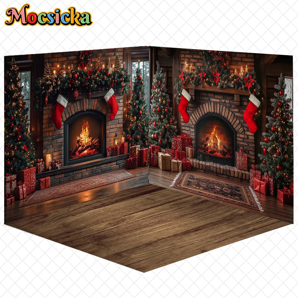 

Mocsicka Photography Background Home Christmas Tree Fireplace Decors Child Family Holiday Party Backdrops Shooting Studio Banner