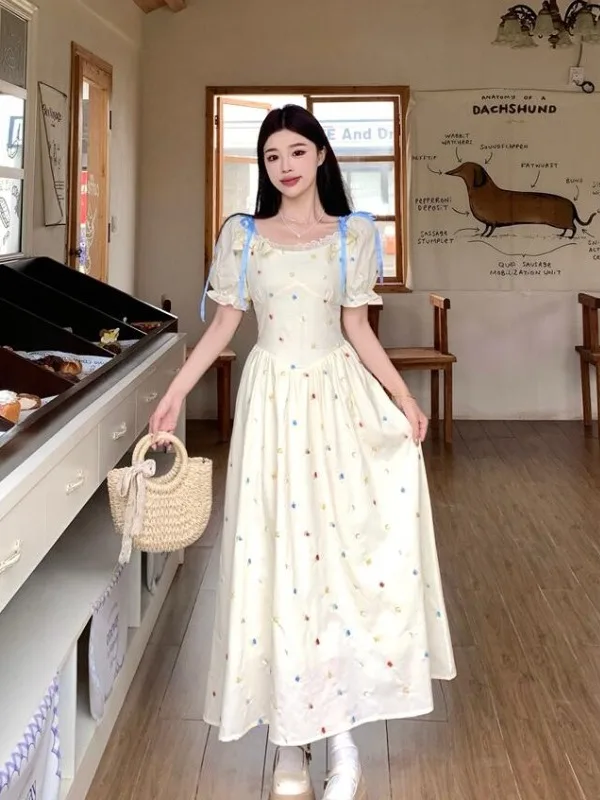 

Женская юбка миди больших размеров с вышивкой и цветочным узором, завязками на талии, А-силуэта, корейский стиль, для офиса, с коротким рукавом