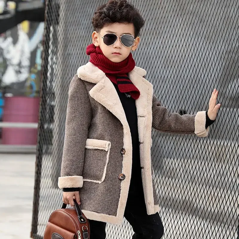 New 2023 Autumn Winter Boys Fashion Woolen Plus Velvet Thickened Children's Coats Kids Handsome Jackets Warm Casual Outerwear