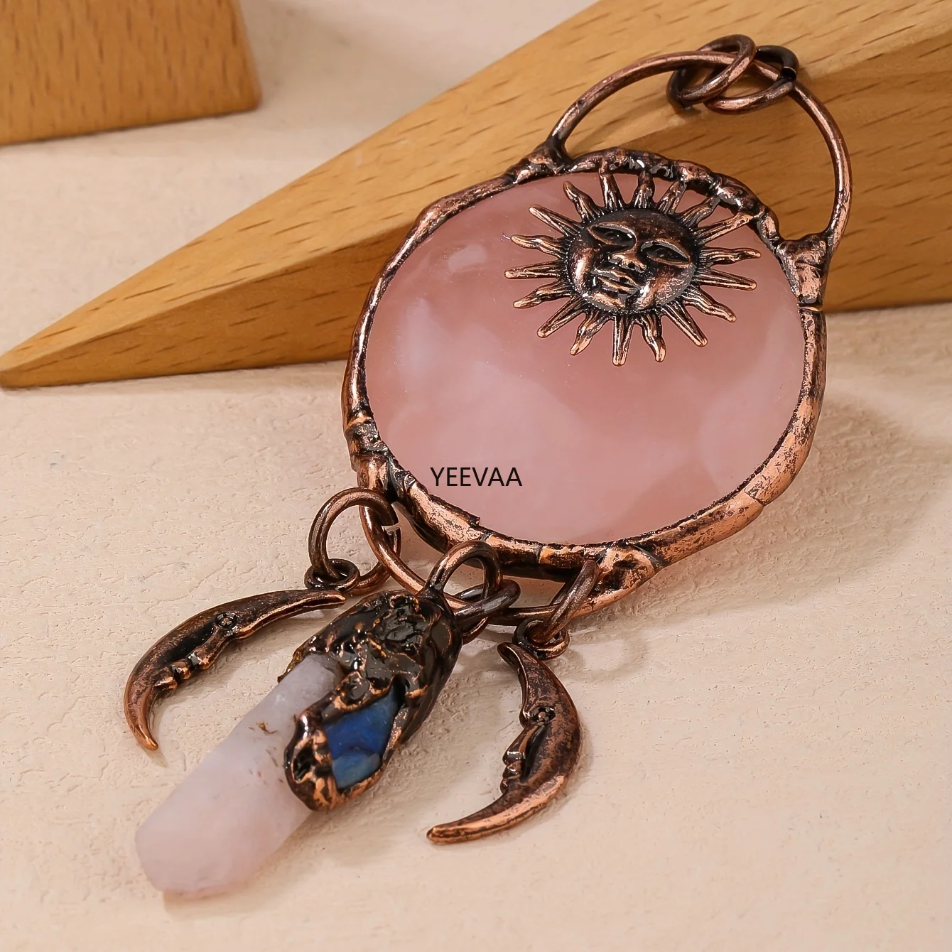 

YEEVAA Sun Moon Pendant Necklace, Rose Quartz Crystal Point Witchy Gothic Jewelry for Women