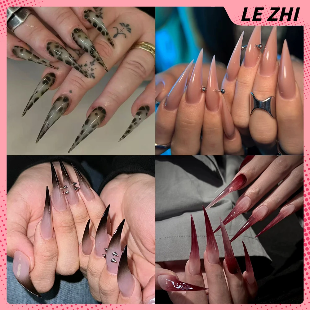 

10Pcs Spice Girl Handmade Long Beast Claw Dragon Claw Press On Nails Rivets Diamond Sequins Flowers Bowknot Full Cover Nails