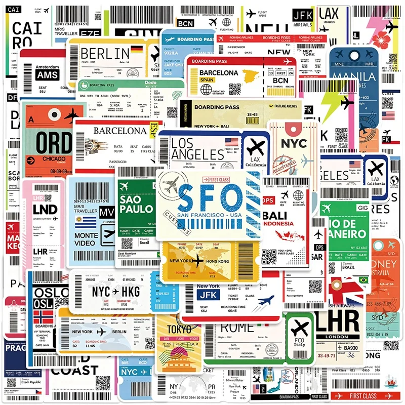 10/30/50PCS Colorful Airline Tickets PVC Sticky Sticker Aesthetic DIY Decoration Scrapbooking Phone Hand Accounting Supplies