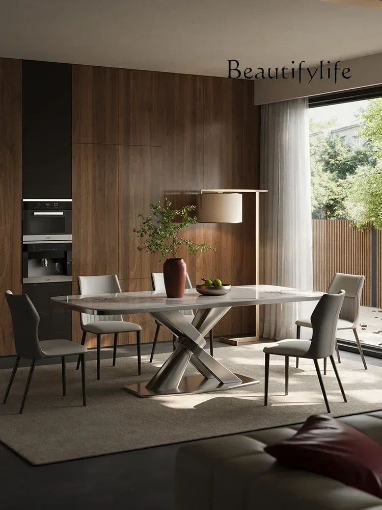 

Italian Stone Plate Dining Table Modern Minimalist High-End Villa Home Rectangular Marble Dining-Table
