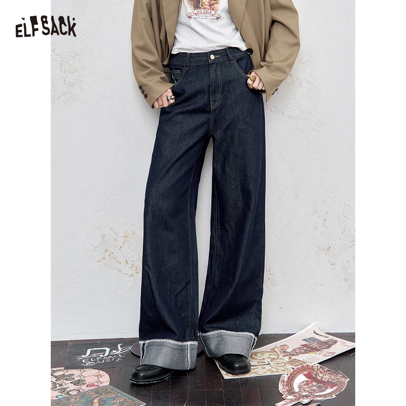 

ELFSACK 2025 Autumn New Arrival Vintage Casual Loose Fit Straight Leg Jeans Cuffed Hem Denim Pants For Woman