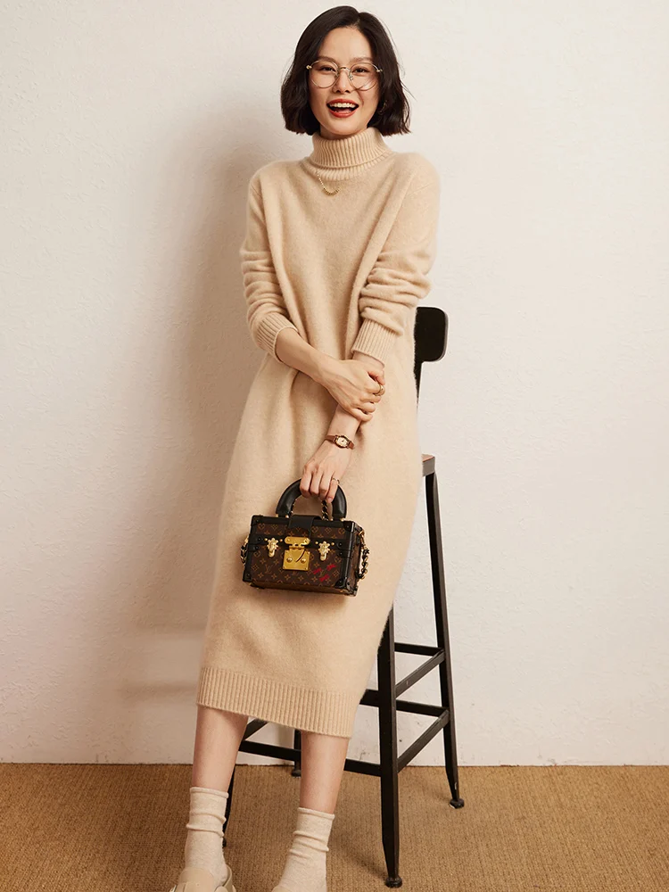 100% Cashmere Sweater Long Dress New Women High Turn-down Collar Pullover Soft Cosy Autumn Winter Casual Solid Knitwear Dress