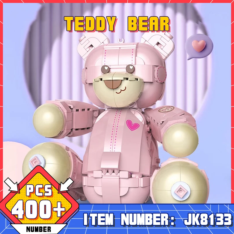 

JK8133 DIY Cartoon Pink Teddy Bear Bricks Toy Action Movie Doll Assembly Model Moc Ideas Three Dimensional Aesthetic Bear Toys