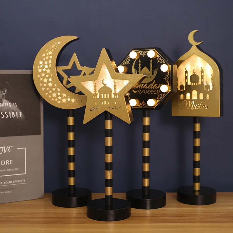 

Eid Mubarak LED Light Ramadan Kareem Battery Powered Standing Wooden Table Light Atmosphere Ornaments Islamic Muslim Party Decor