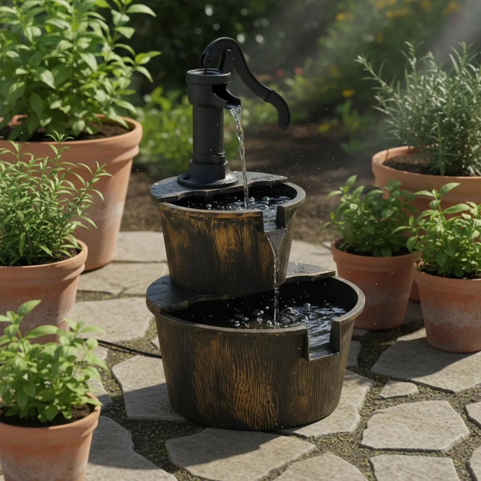 

Wood Barrel Fountain Weather Resistant Solar Garden Fountain Water Feature Waterproof Outdoor Decor Anti Aging for Yard, Patio
