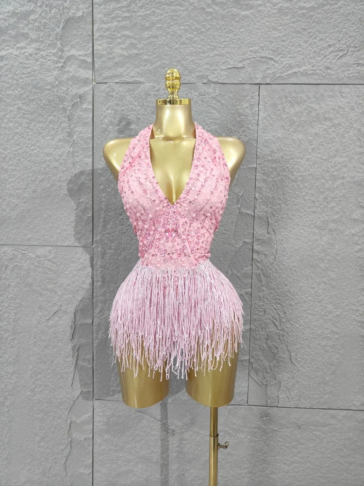 

2025 Sparkly Rhinestones Pearls Pink Bodysuit Women Celebrate Evening Prom Birthday Party Nigthclub Dance Sexy Stage Costume