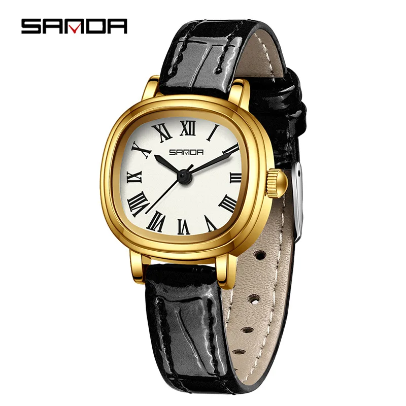 SANDA 1137 Women Quartz Watch Fashion Elegant Brown Black Simple Roman Analog Display Leather Strap Wristwatch for Ladies