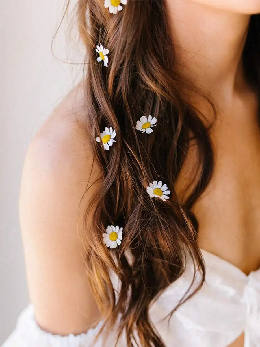 10pcs Daisy Flower Invisible Hair Clips, Boho Small White Floral Hair Rings For Braids, Wedding Bridal Hair Accessories, Summer