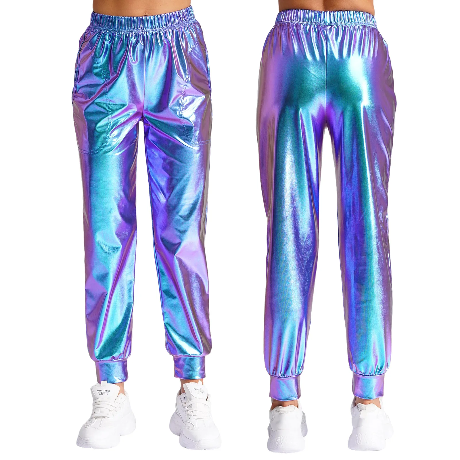 

Women Hip Hop Modern Dance Pants Shiny Metallic Pants High Waist Elastic Waist Sport Pants Metallic Sheen Loose Pants Streetwear