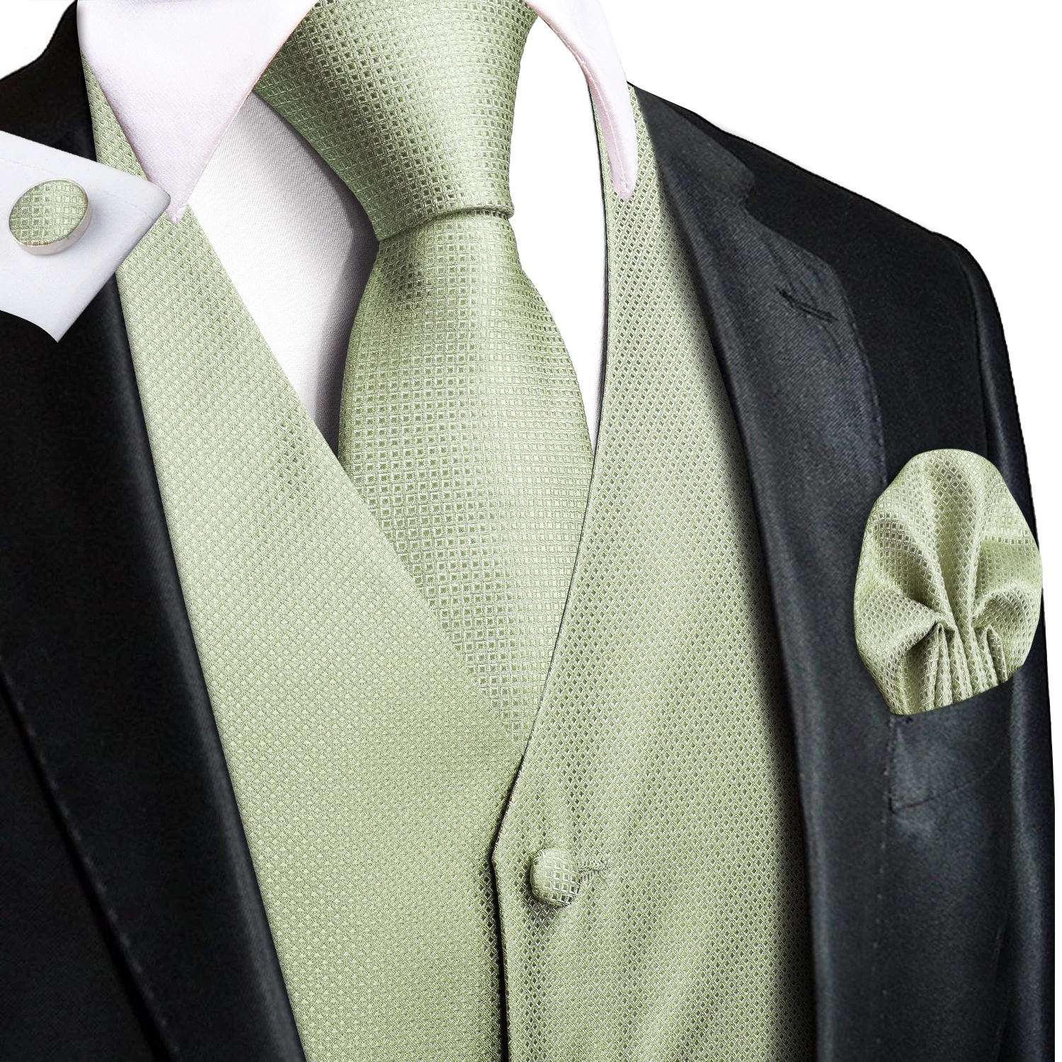 Hi-Tie Silk Mens Suit Vests 4PC Woven Sage Green Solid Waistcoat Tie Pocket Square Cufflinks Business Wedding Dress Waist Jacket