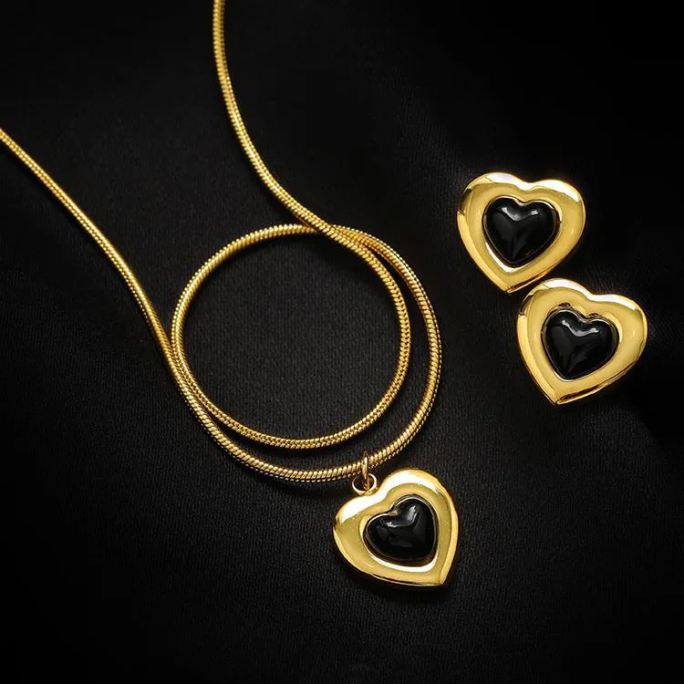 Stainless Steel Fashion Heart Peach Black Dot Necklace Earring Jewelry Set Women Gifts Birthday  Colar Feminino Luxo