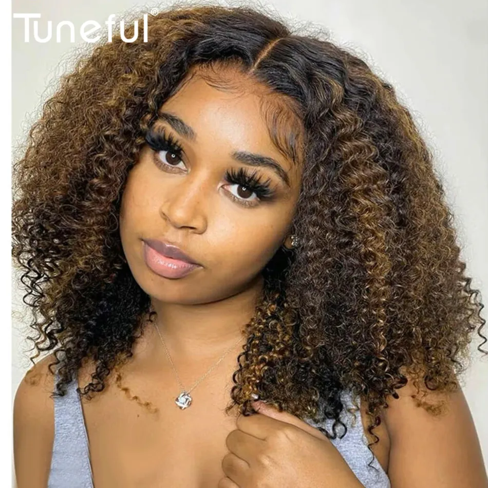 

10A 6x5 Glueless Lace Wigs Colored Human Hair Wigs Ready To Wear And Go Short Kinky Curly Ombre Brown Highlights Brown Color Wig
