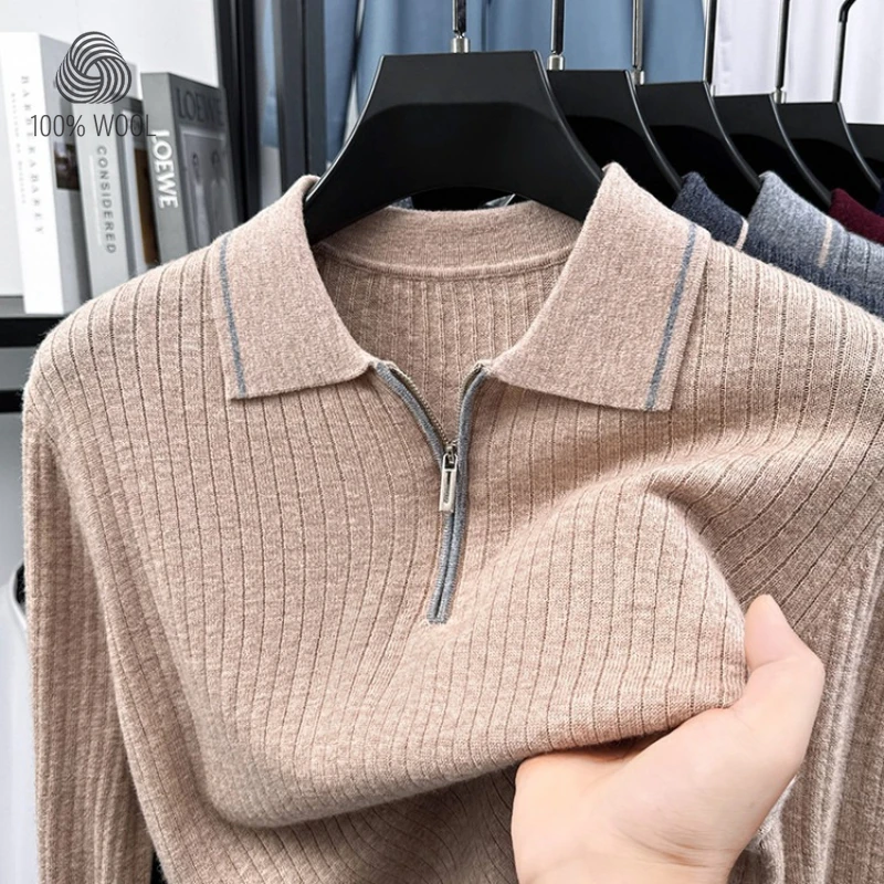 100% Cashmere Wool Sweater, Semi-Zip Placket Ribbed Texture, Soft Non-Irritating, 7 Colors M-4XL​ Business Casual