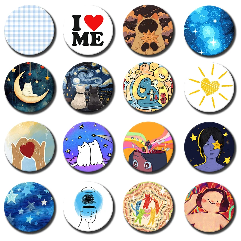 Broches de botón suaves estilo vintage azul, insignias creativas retro de dibujos animados (estrella, corazón, luna, gato, amor propio) para decoración de cuello y bolso