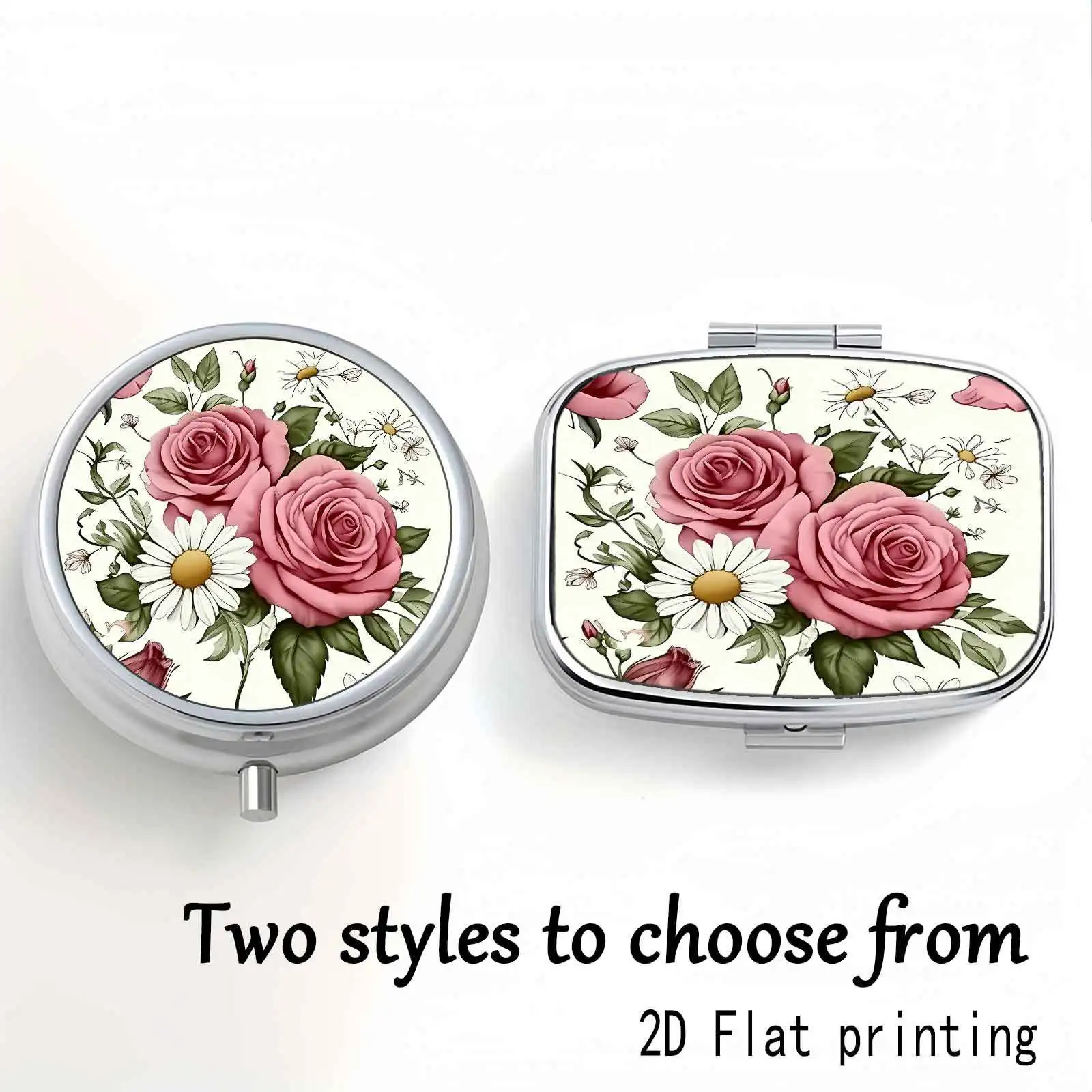 Floral Pattern with Pink Roses and White Chrysanthemums, Two Square Compartments, Three Round Compartments, Two Small Medicine Boxes, Portable Medicine Storage, Small Jewelry Storage, Suitable for Handbags or Travel, Gentle and Fresh Design, Great as Gifts, Souvenirs, Prizes, or Small Presents