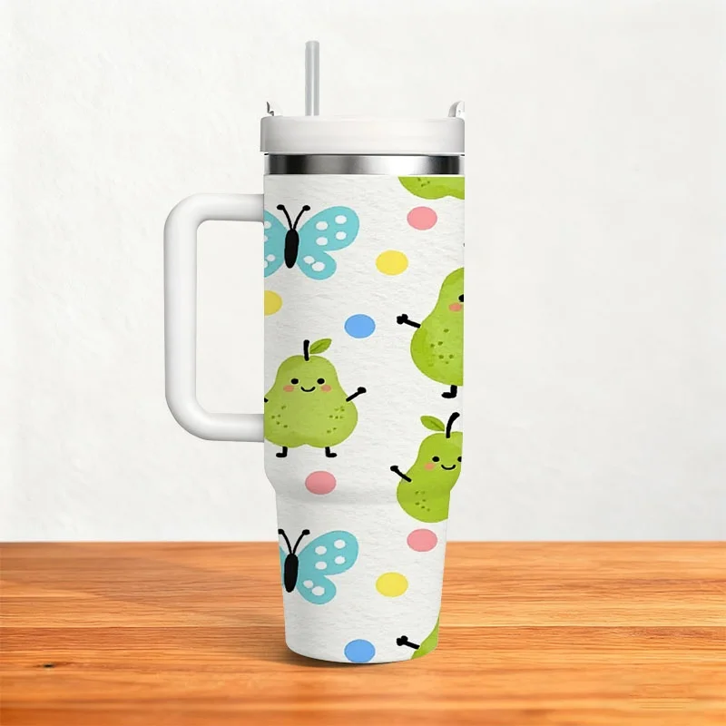 Playful Smiling Pear & Blue Butterfly Print 40oz Stainless Steel Insulated Tumbler, Digital Printed Leakproof Drink Cup with Whimsical Polka Dot Pattern, Ideal for Daily Hydration, Outdoor Commutes & Office Use