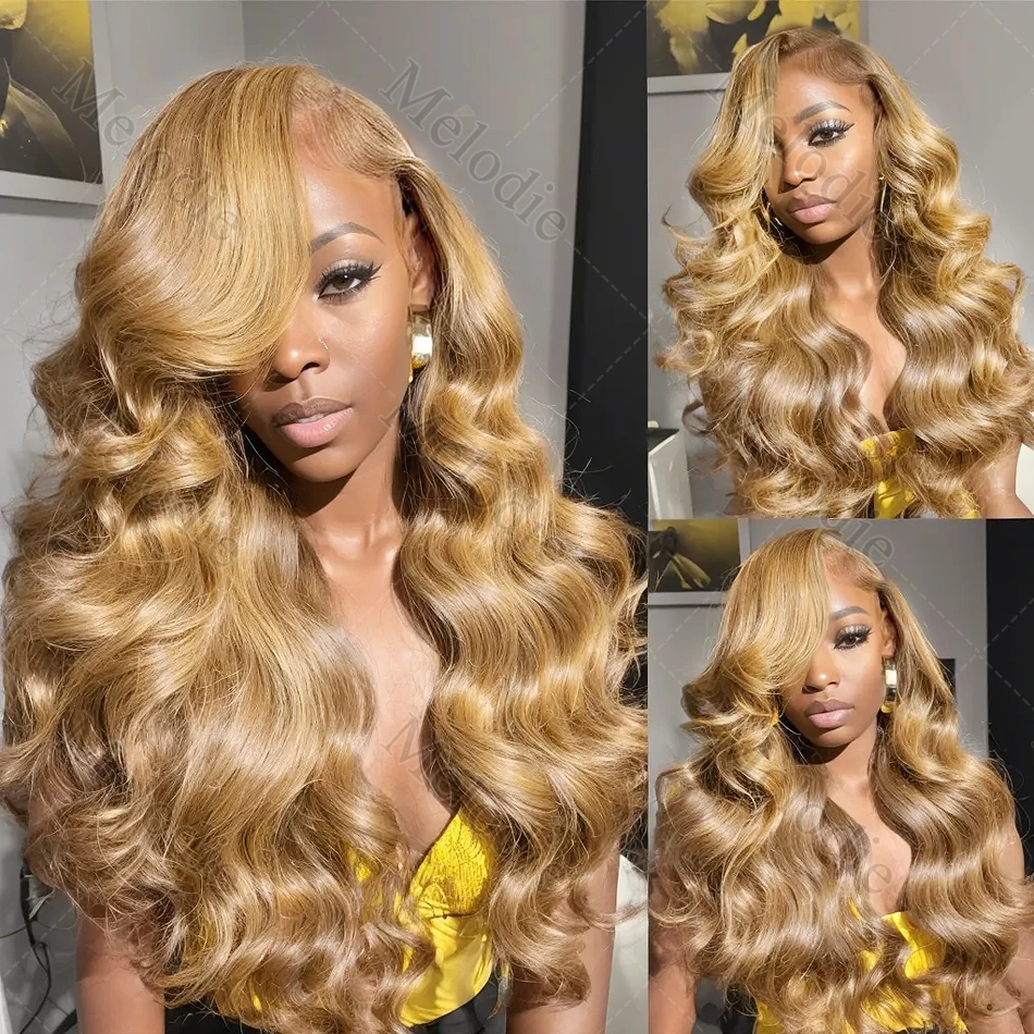 Melodie 30 40 Inch Honey Blond Body Wave 13x6 Hd Transparent Lace Frontal Wigs Brazilian Blonde 27# Brown Full Wig For Women