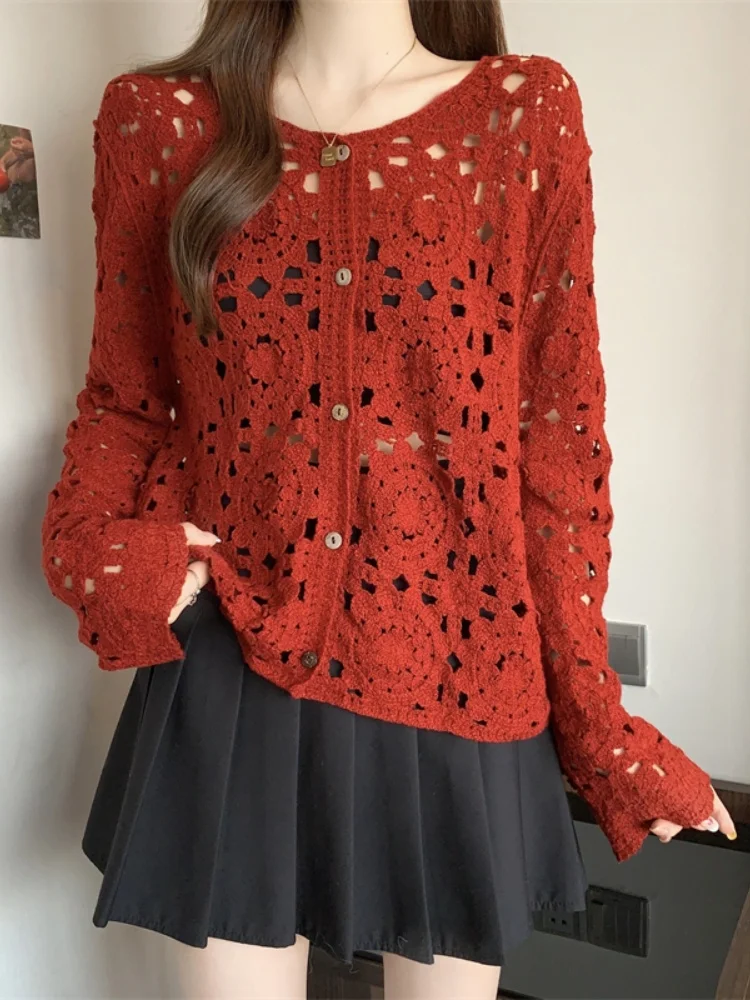 

Long Sleeve Crochet Top for Women Sheer Button Up Hollow Out Openwork Knit Cardigan Blouse Spring Summer Boho Vacation Outfit