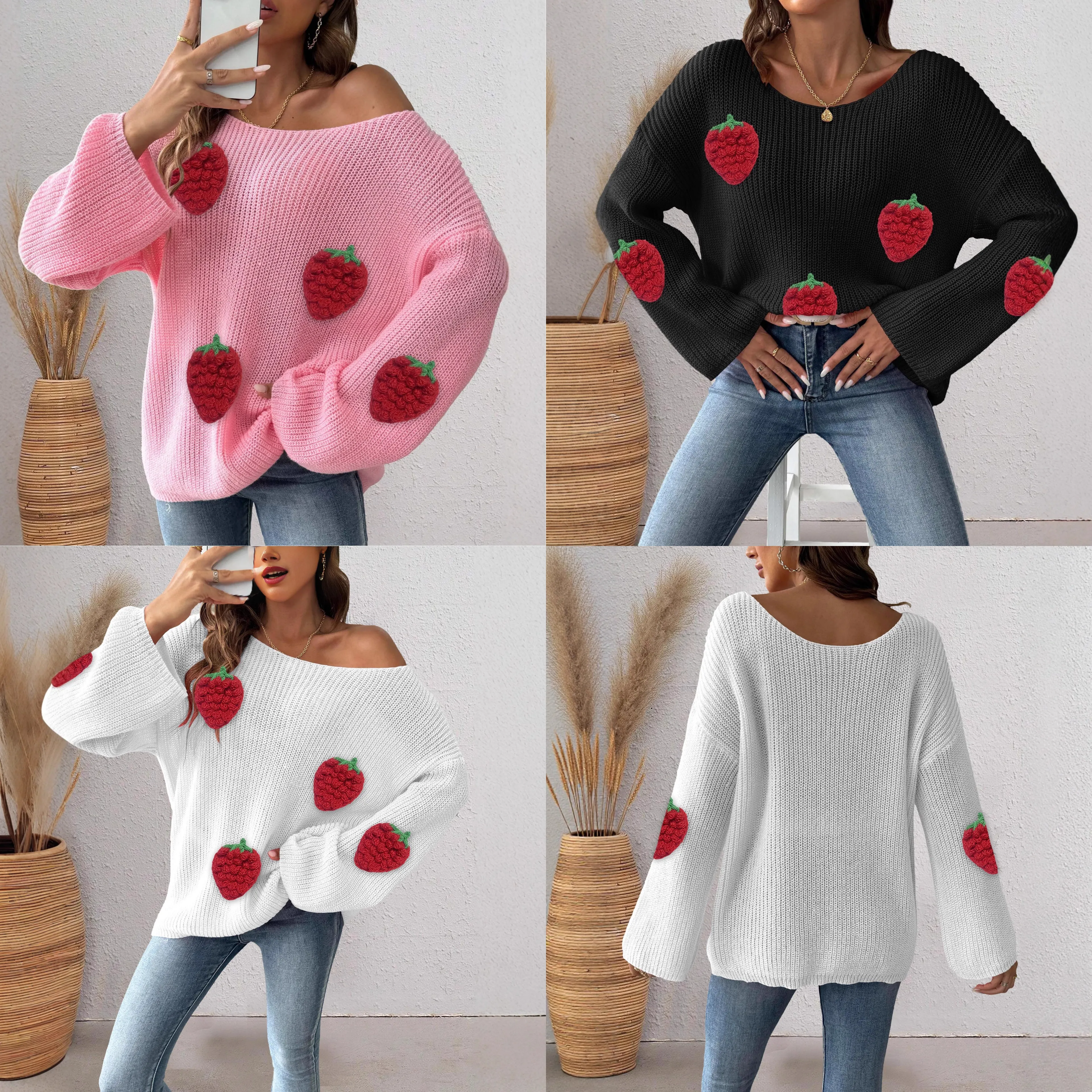 Women Pullover Sweater Jumper Knit Strawberry 3D Patch Loose Off Shoulder Flare Sleeve Tops Blouse Spring Summer