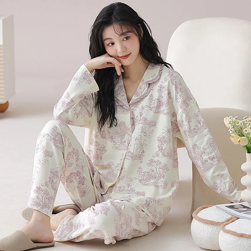 

Осень 2023, милые кружевные пижамные комплекты из 100% хлопка с длинными рукавами для женщин, корейская одежда для сна, домашняя одежда, Pijama Mujer, домашняя одежда