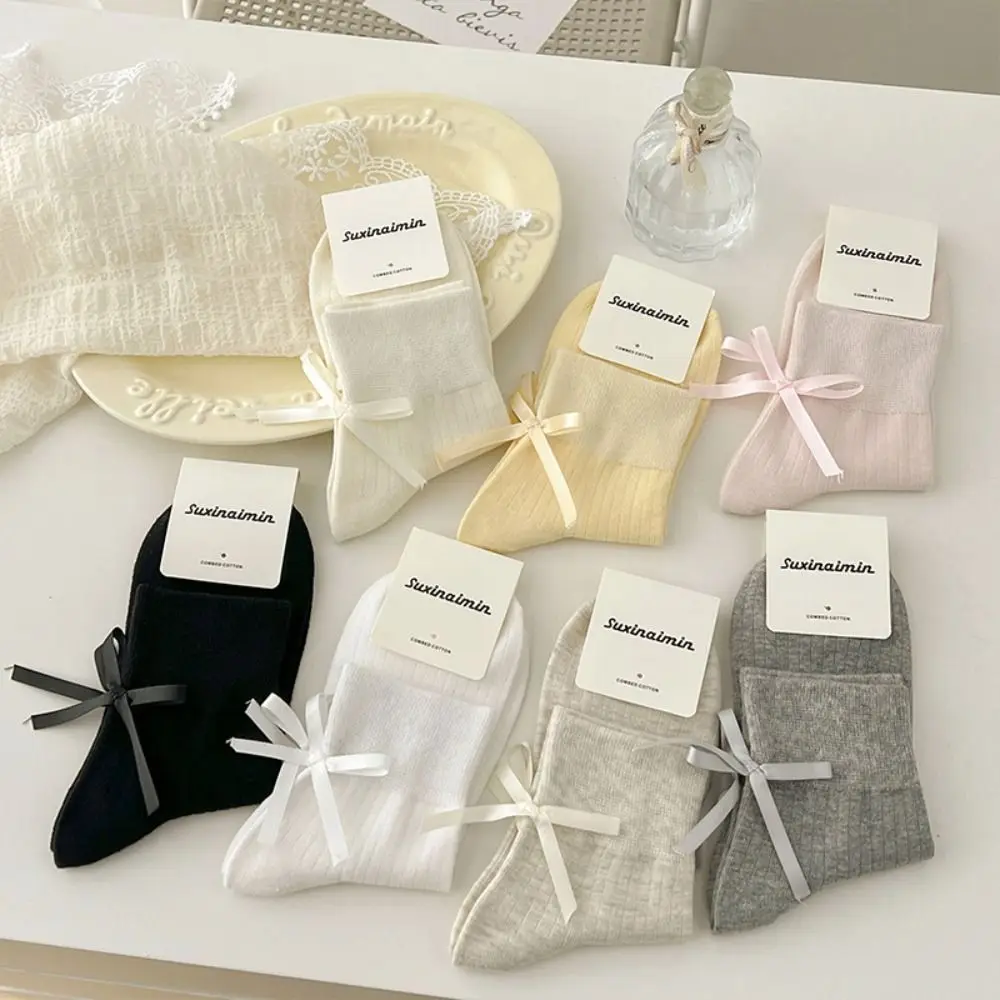 Fashion Japanese Bowknot Socks Ribbon Sweet Cream Socks Cute Niche Full Cotton Socks