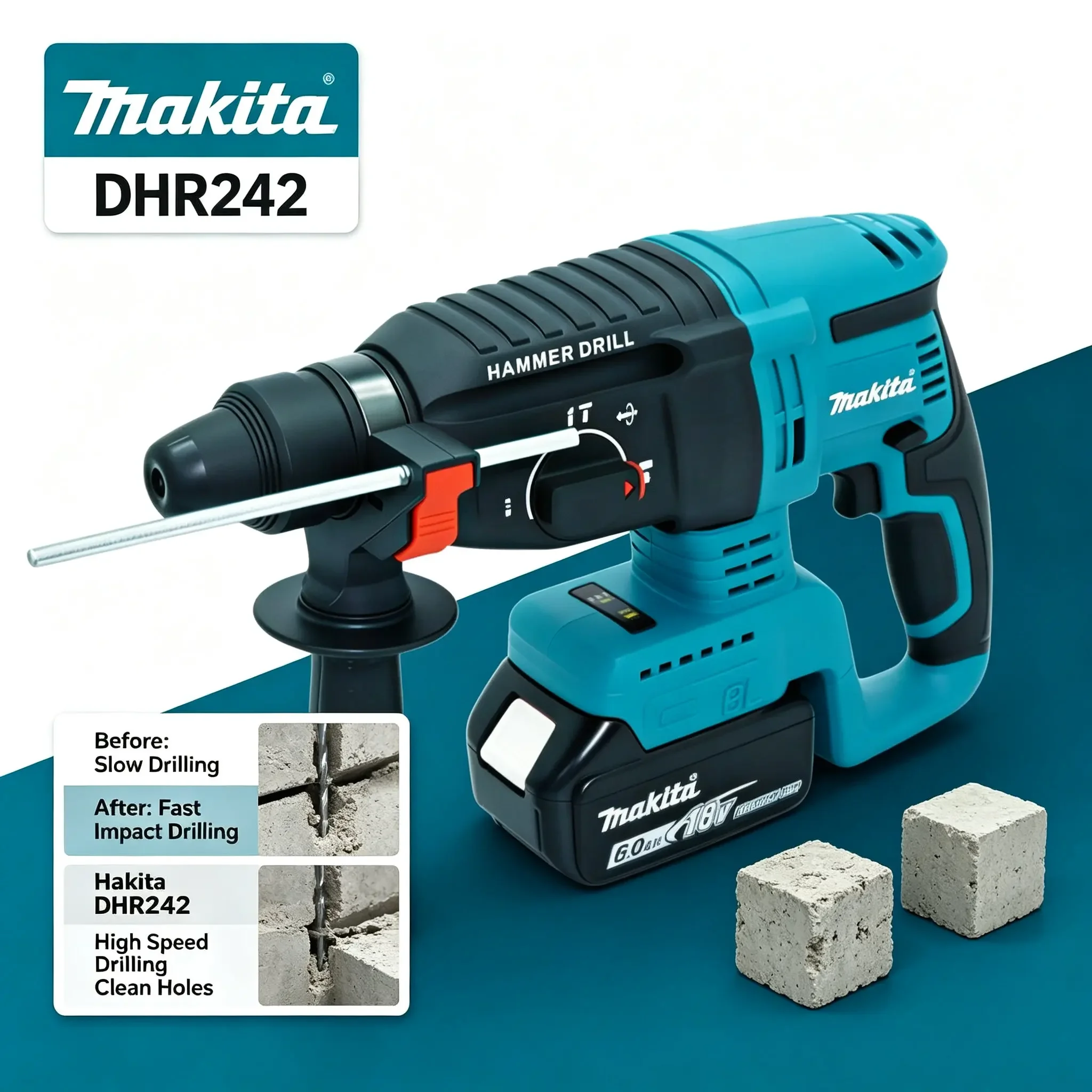 Makita DHR242, marteau perforateur sans fil 18 V, outil électrique professionnel à faible vibration, 13,5 m/s², conception ergonomique pour les travaux de perçage exigeants