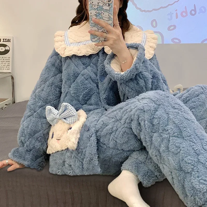 Sanrio Cinnamoroll Flannel Winter Pajama Set  Cute Cartoon for Girls with Thick and Fleece Home Bedroom Clothes Student Gifts