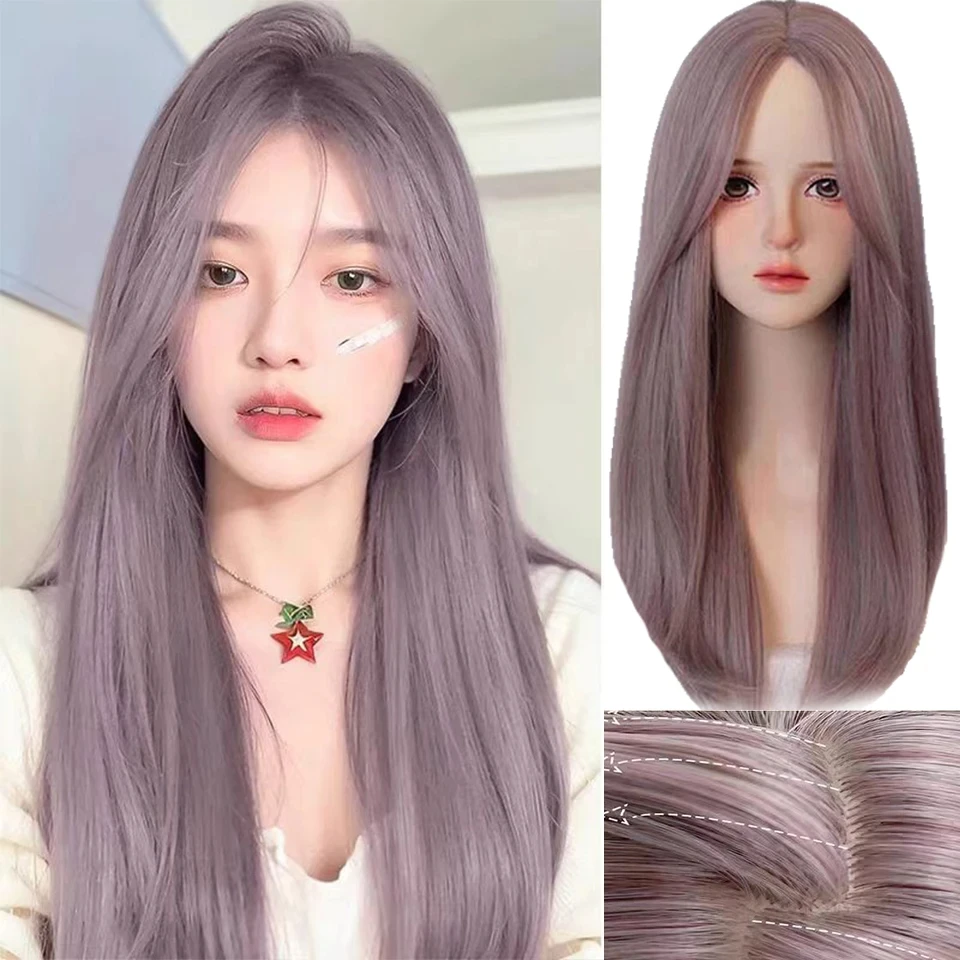 

Wig for Women Lace Front Gray Purple Long Straight Hair Lolita Fashion Simulation Natural Headband Synthetic Wigs for Daily Use