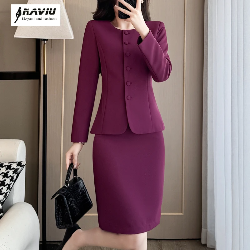 

NAVIU Rose Red Women Suit High End Elegant Formal Slim Waist Long Sleeve Blazer And Skirt Office Ladies Two Piece Set Work Wear