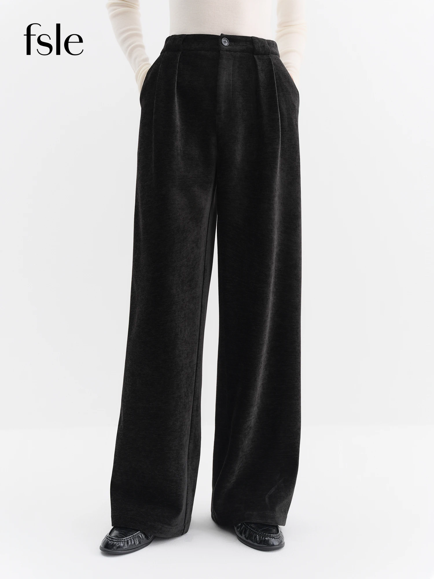 

FSLE High-Waisted Straight-Leg Knit Tros Women Elegant Slimming Floor Length Commute Pants 2025 Winter Collection New Arrival