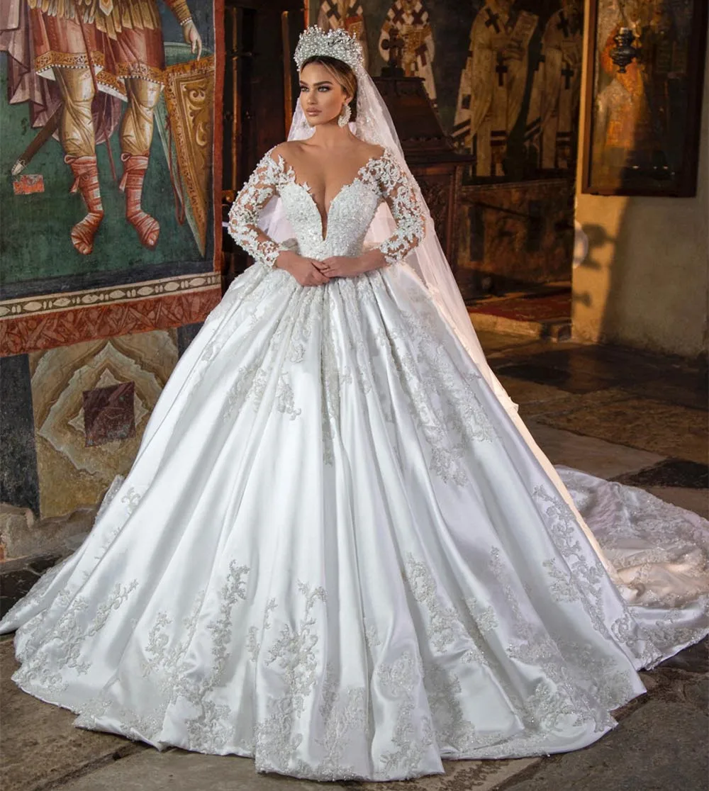 

Customized Morocco Gorgeous Wedding Dresses Ball Gown Lace Pearls Long Sleeves Sheer Neck White Bridal Gowns Vestido De Novia