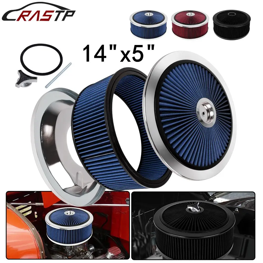 

RASTP-14" x 5" Air Cleaner Filter Washable Round Super Flow Thru Red/Black/Blue For 5-1/8" Carb Neck OFI179