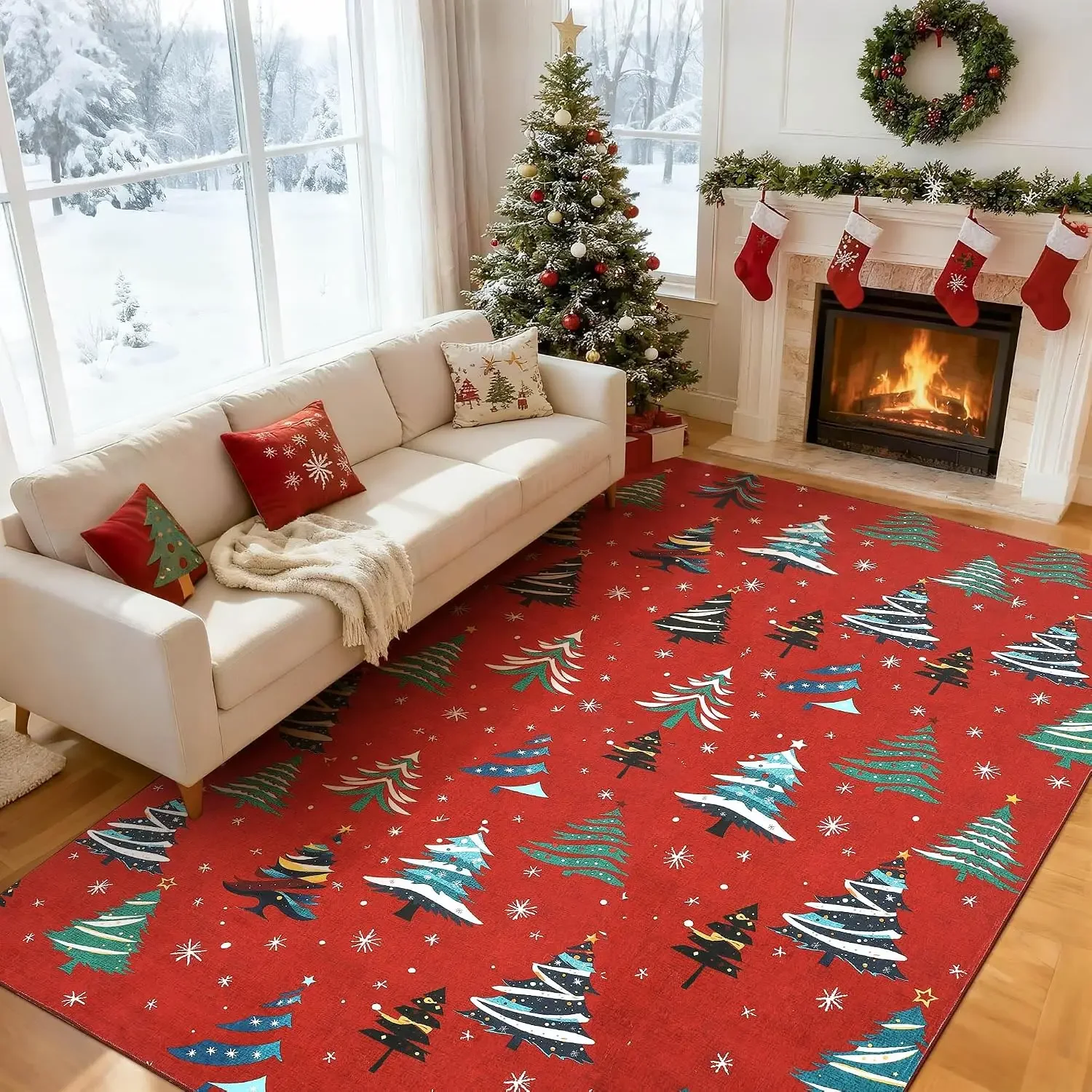 Garvee Area Rugs Christmas Snowflake Area Mat with Xmas Tree Pattern Living Room Bedroom Decoration Holiday Home Decoration Non Slip Low Pile Washable Rug