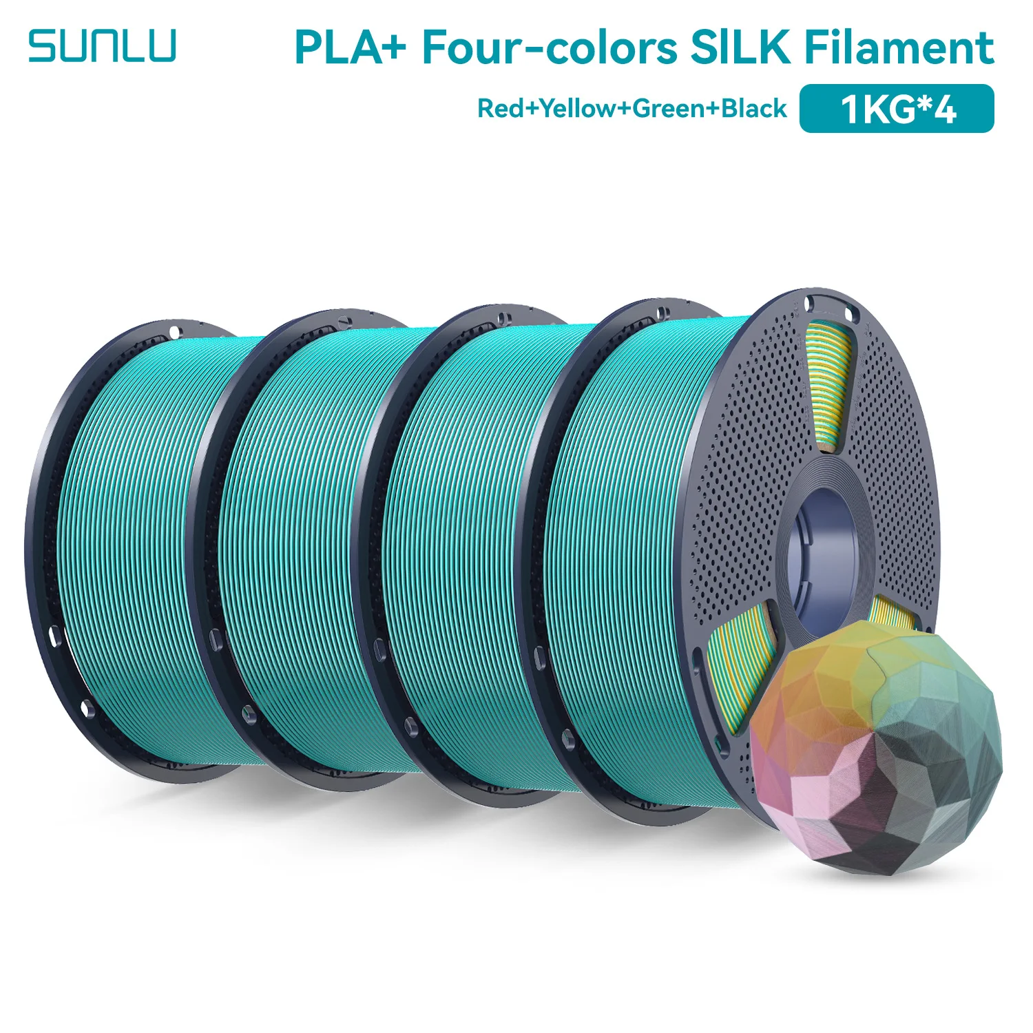 SUNLU 4KG viervoudig kleuren zijdefilament, zijde 3D-printer 1,75 mm, dimensionale nauwkeurigheid +/- 0,02 mm, 1 kg spoel (2,2 lbs), 4 rollen