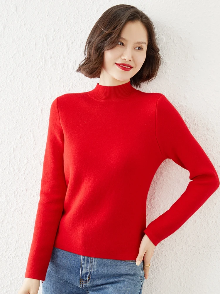 

2024 Autumn And Winter Semi High Neck Knitted Sweater, New Women's Clothing, Slim Fit. Solid Color, Simple, Plush Inner Layer