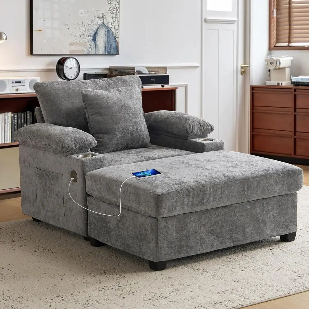 

Серый шезлонг из шенилла с оттоманкой, раскладной диван-кровать, акцентное кресло с подстаканниками и USB-портами для гостиной или спальни