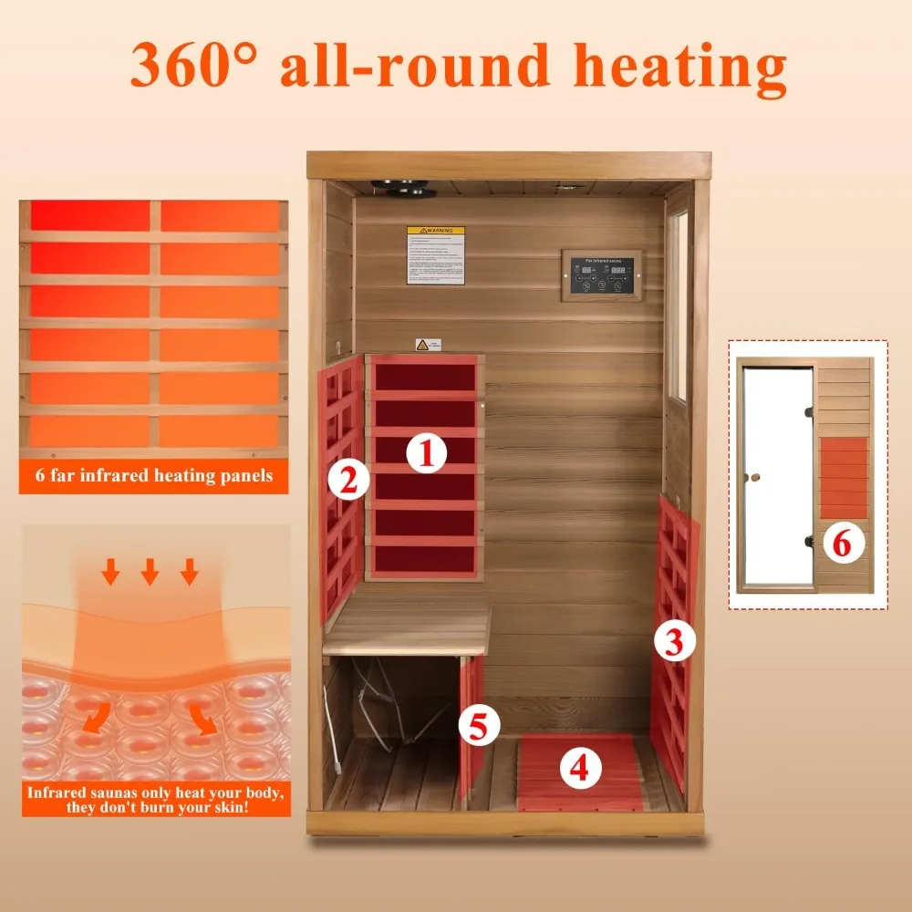 Infrared Sauna, Red Cedar 1 Person with 1050W Indoor Sauna, Low EMF Heaters, 2 Bluetooth Speakers, 1 LED Reading Lamp