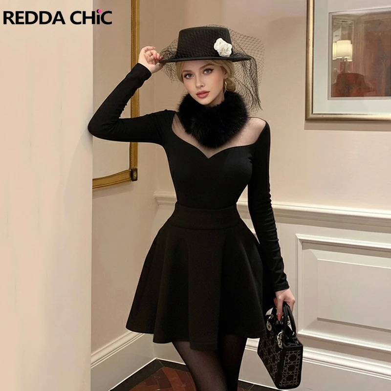 REDDACHiC Faux Fur Scarf Top Skirt Set Sexy See Through Mesh Stitch Long Sleeve T-shirt Mini Tweed Skirt Elegant Women Clothes