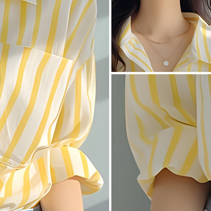 Yellow and White Sweet Vertical Striped Shirt Long Sleeve for Women Seaside Sunscreen Shirt Casual Women\'s New Shirt Wear