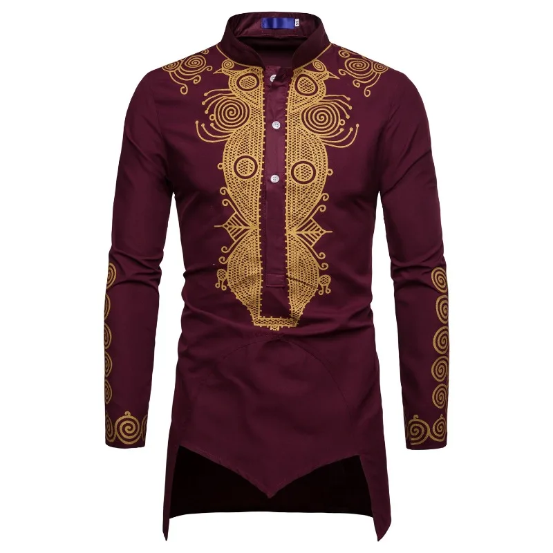 

2026 New Men Casual Shirt Middle Eastern Gold Stamping Stand Collar Comfortable Mid Length
