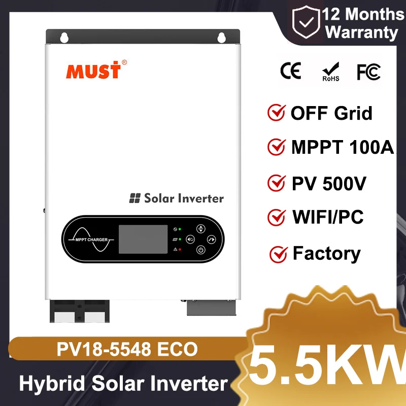 يجب PV1800 ECO 3.5KW 24V 5.5KW 48V المنزل الهجين العاكس للطاقة الشمسية MPPT 100A Max PV 450V إخراج مزدوج خارج الشبكة النظام الشمسي PC WIFI