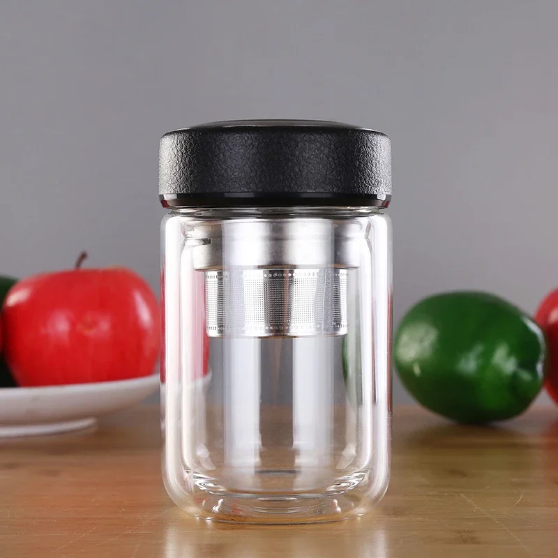 

250ML Double Wall Glass Water Tea Bottle With Stainless Steel Infuser Filter Strainer Portable Travel Drinking Cup