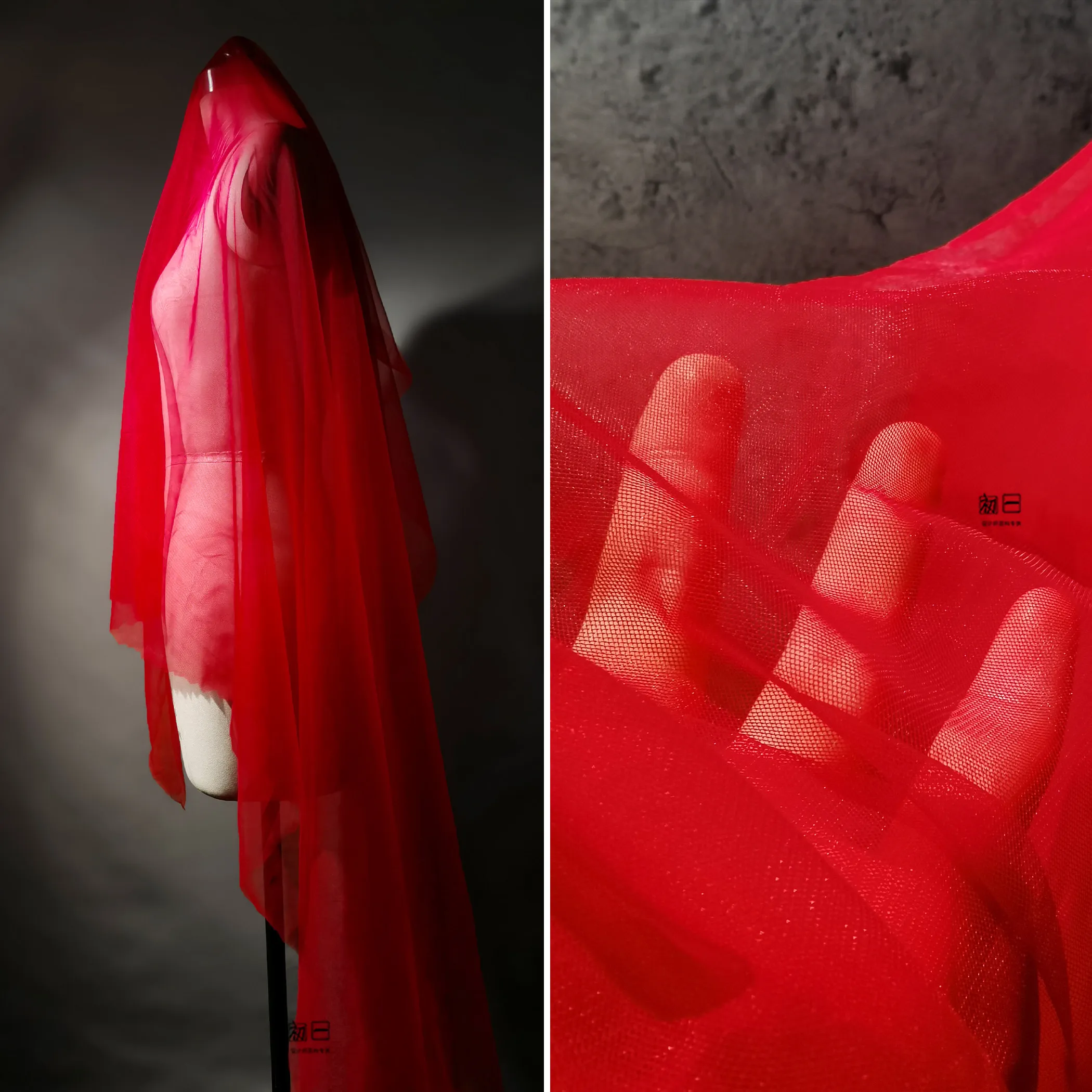 Red Super Transparent Soft Wedding Dress Gauze Wedding Dress See-through Fine Mesh Gown Background Designer Fabric