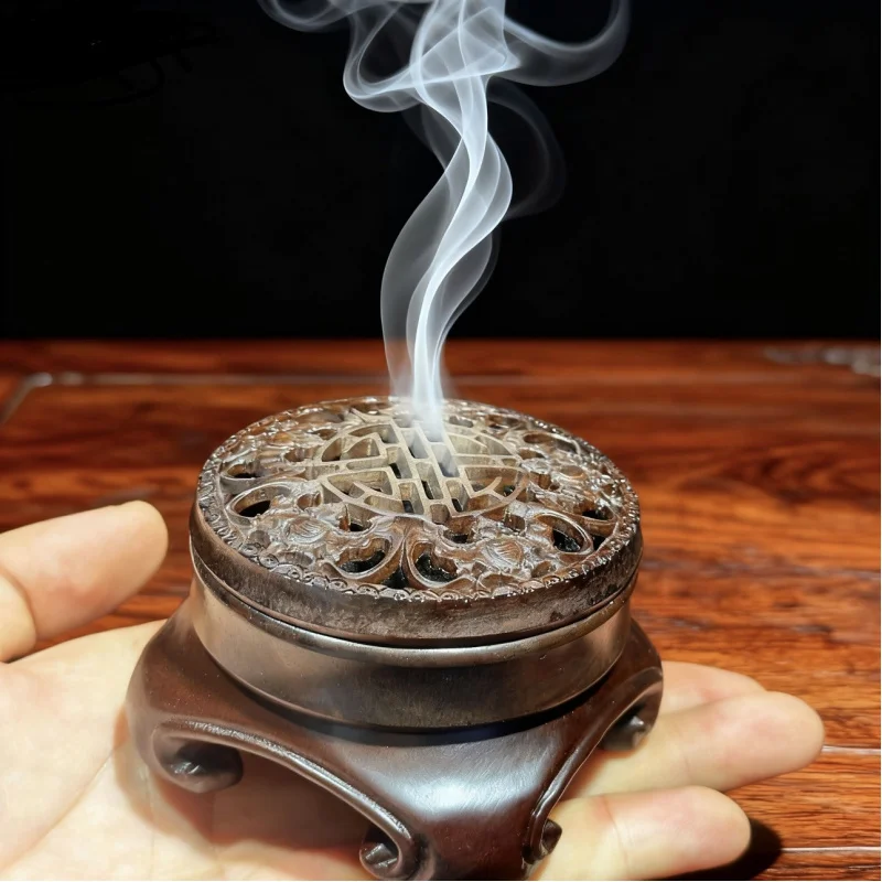 Black Burner Wooden Hollow Box Round Household Agarwood Sandalwood Tray Incense B