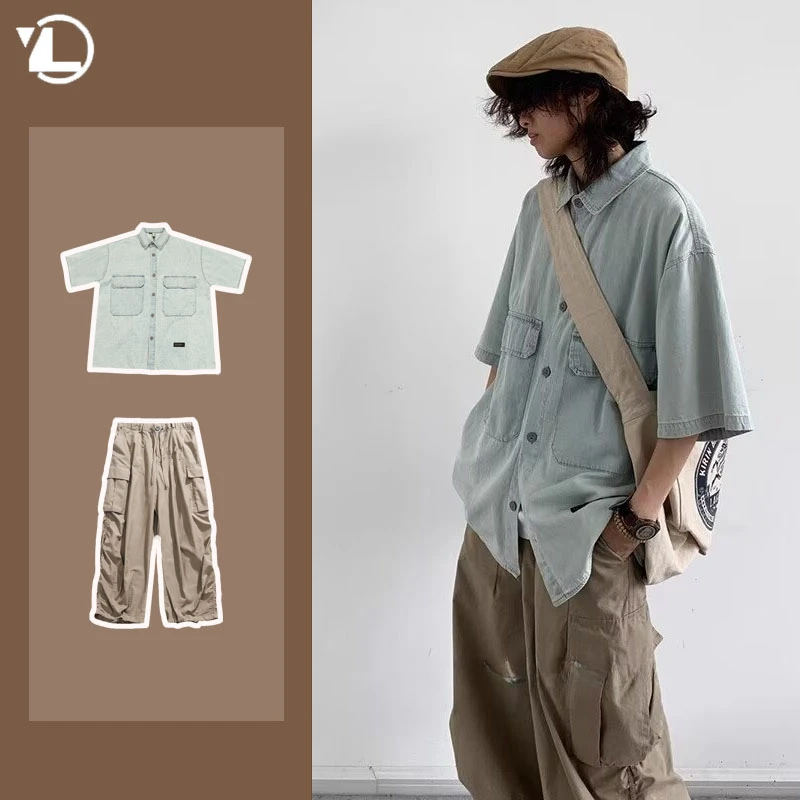 Japanese Trendy Set Mens Retro Simplicity Light Blue Denim Shirt+Multi Pocket Wide Leg Cargo Pants 2-pcs Street Harajuku Suit